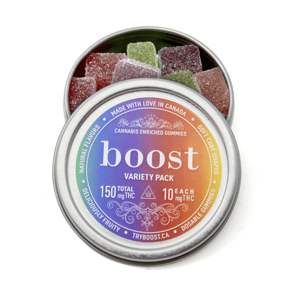 Boost – THC Variety Pack Gummies – 150mg | BC Weed Edible Canada Boost – THC Variety Pack Gummies – 150mg | BC Weed Edible Canada